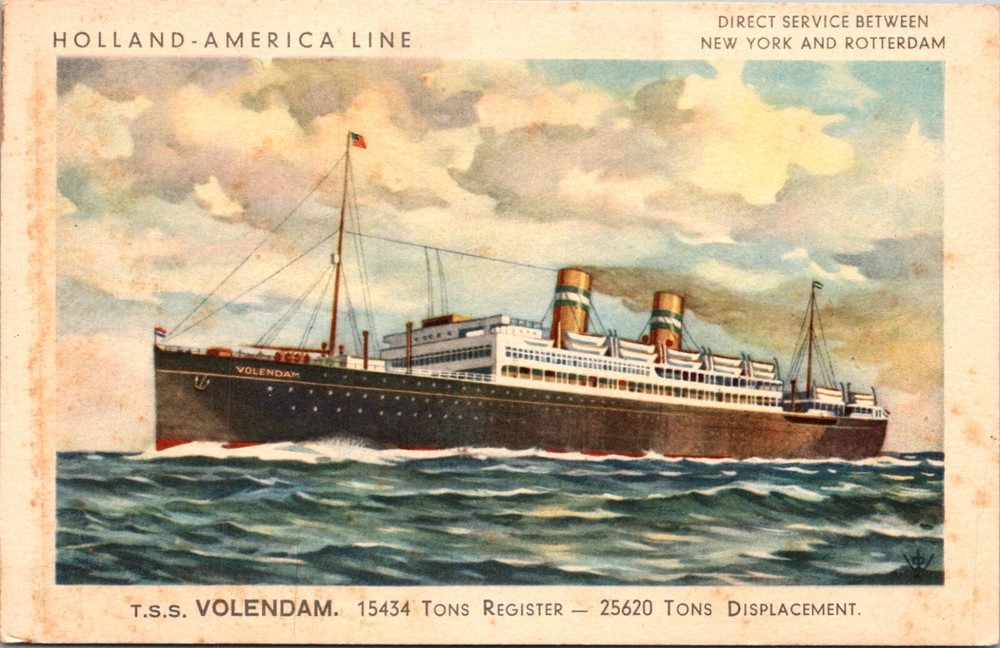 Holland America Line Ship T.S.S. Volendam New York to Rotterdam Postcard  25473