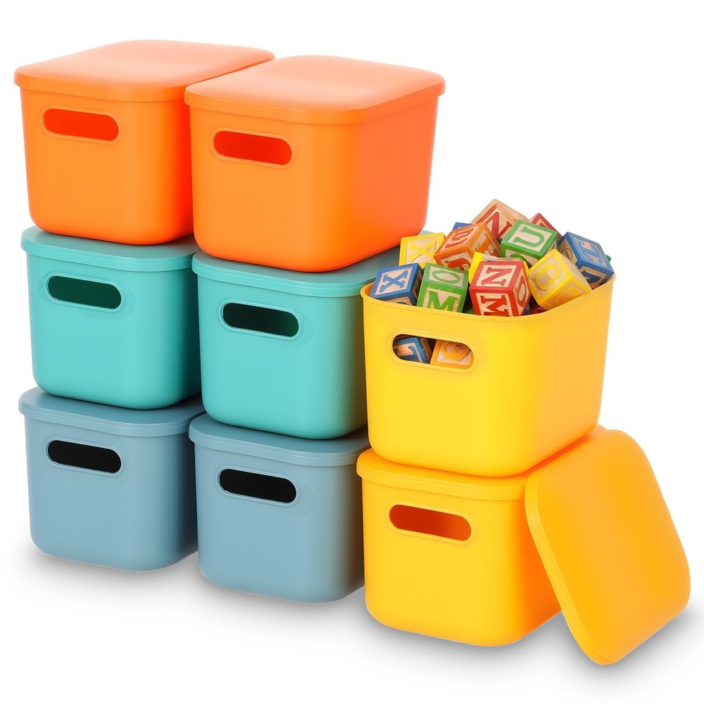 8 Pack Colorful Storage Bins with Lids, Plastic Stackable Storage Container S...