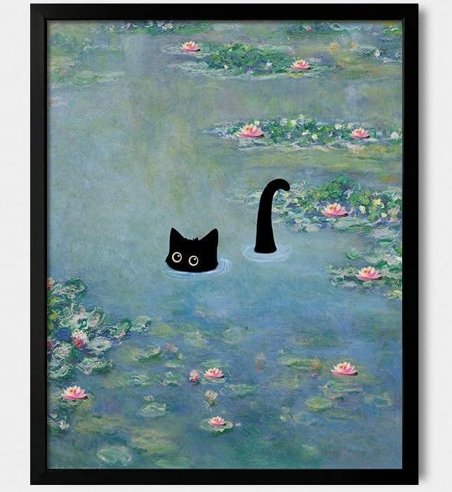 Black Cat Water Lilies Monet Style Funny Art Aesthetic Poster
