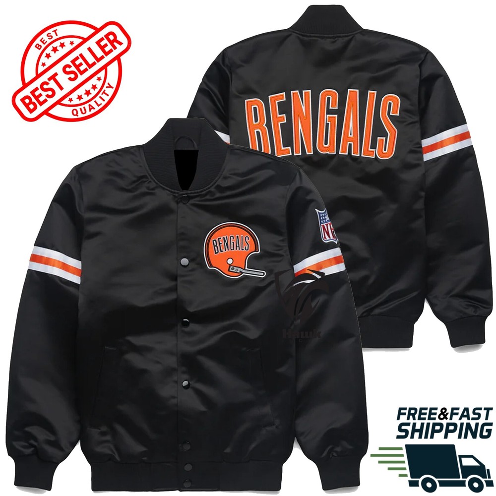 Classic NFL Cincinnati Bengals Black Satin Vintage Varsity Bomber Jacket Fashion