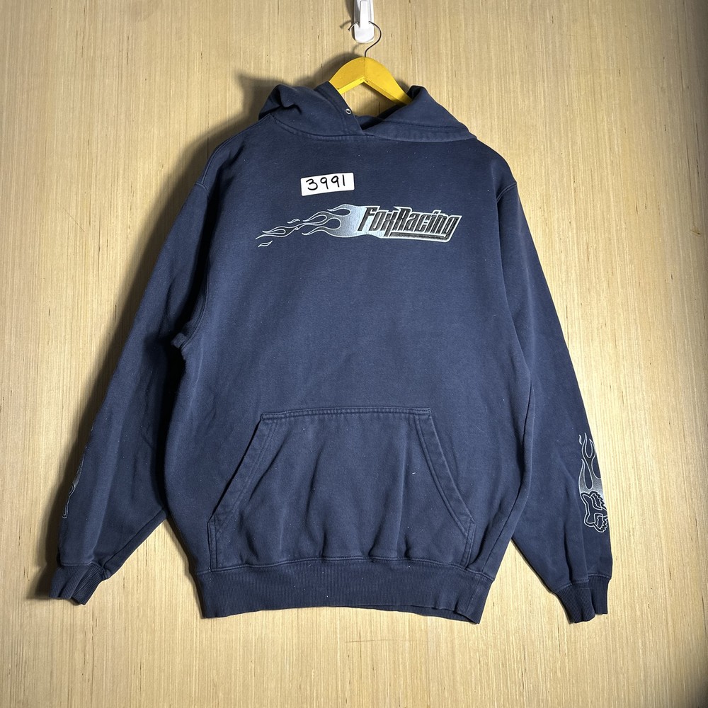 Vintage Y2K Fox Racing Hoodie Sweatshirt Blue Long Sleeve Pullover Men's Small
