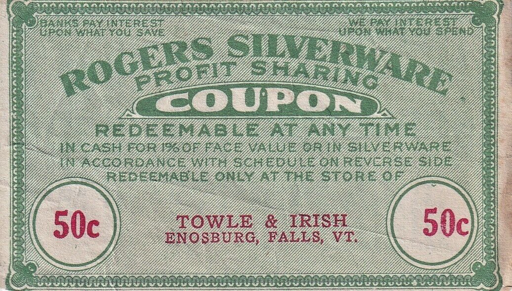 Rogers Silverware Profit Sharing Coupon Towle Irish Enosburg Falls Vermont-image