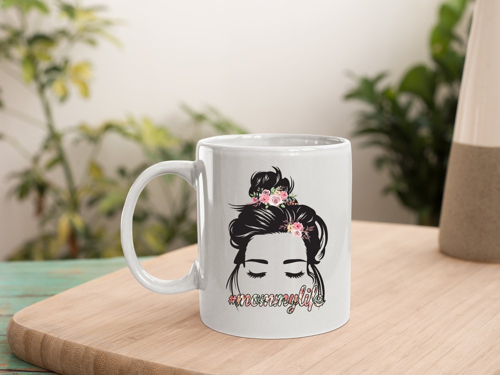 Curly Hair Mom Life Mug Floral Messy Bun Mother's Day Gift Coffee Cup