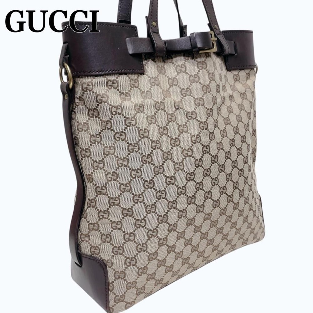 Gucci Tote Bag GG Canvas Leather Dark Brown Used 37x34cm