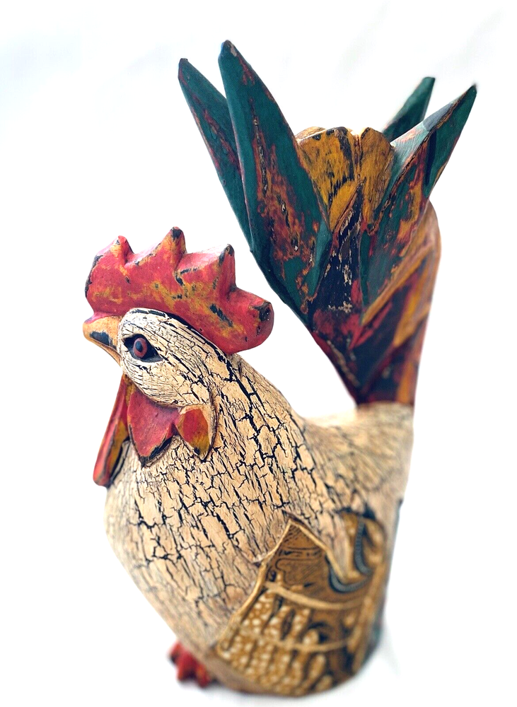 Vintage Hand-Painted 10 Wood Rooster Statue Farmhouse Decor