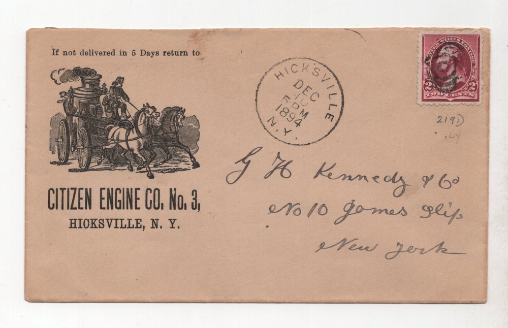 US HICKSVILLE NY 1894 CITIZEN FIREFIGHTING ENGINE CO NO 3 ADVERTISING COVER
