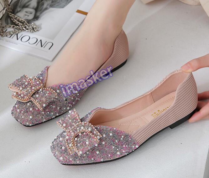 Sweet Women Round Toe Flat Slip on Bowknot Rhinestones Beads Loafers Party Shoes