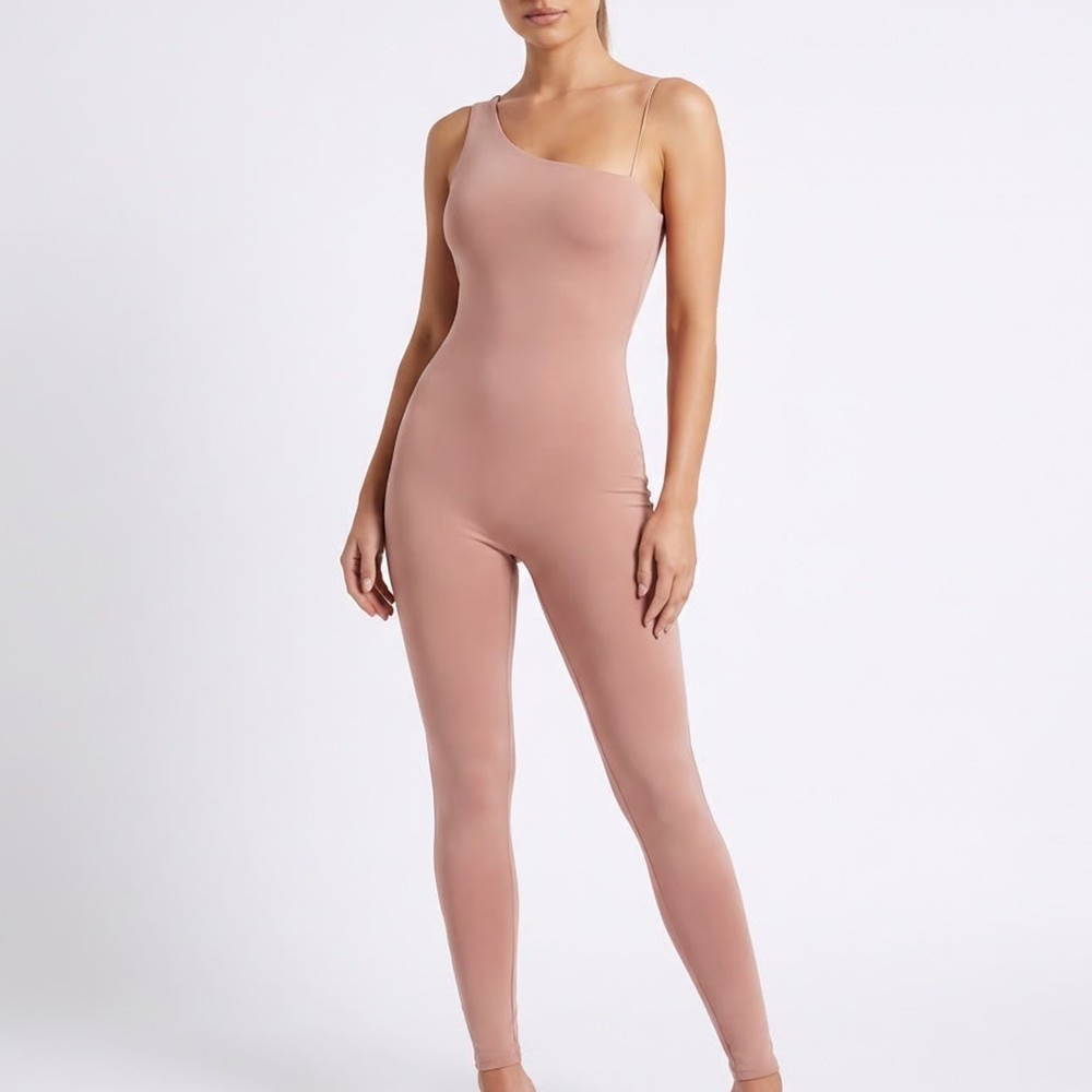 Naked Wardrobe Coco Ribbed One Shoulder Jumpsuit Brown Tan Small