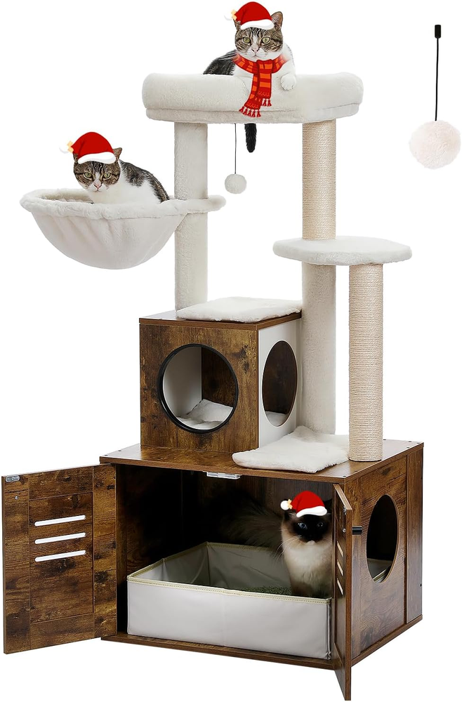 Cat Tree with Litter Box Enclosure, 50-Inch All-In-One Modern Cat Furniture for