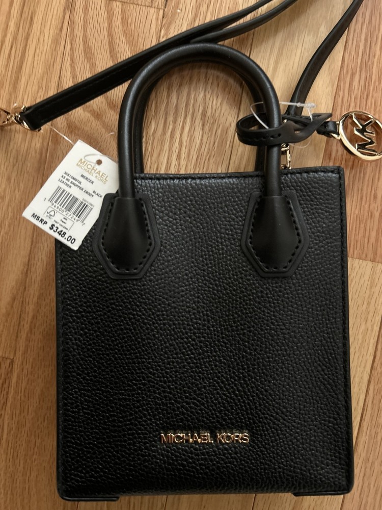 Authentic Michael Kors Mercer Extra-Small Pebbled Leather Crossbody Bag Black.