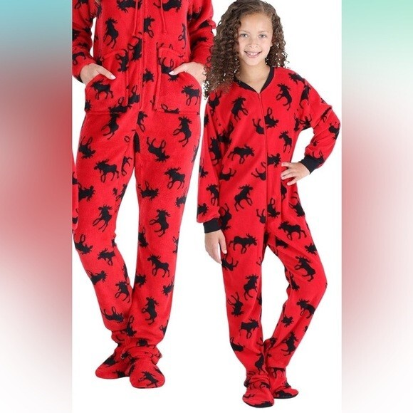 SleepytimePJs Kids Fleece Red Moose One Piece Footed Pajamas Red 10
