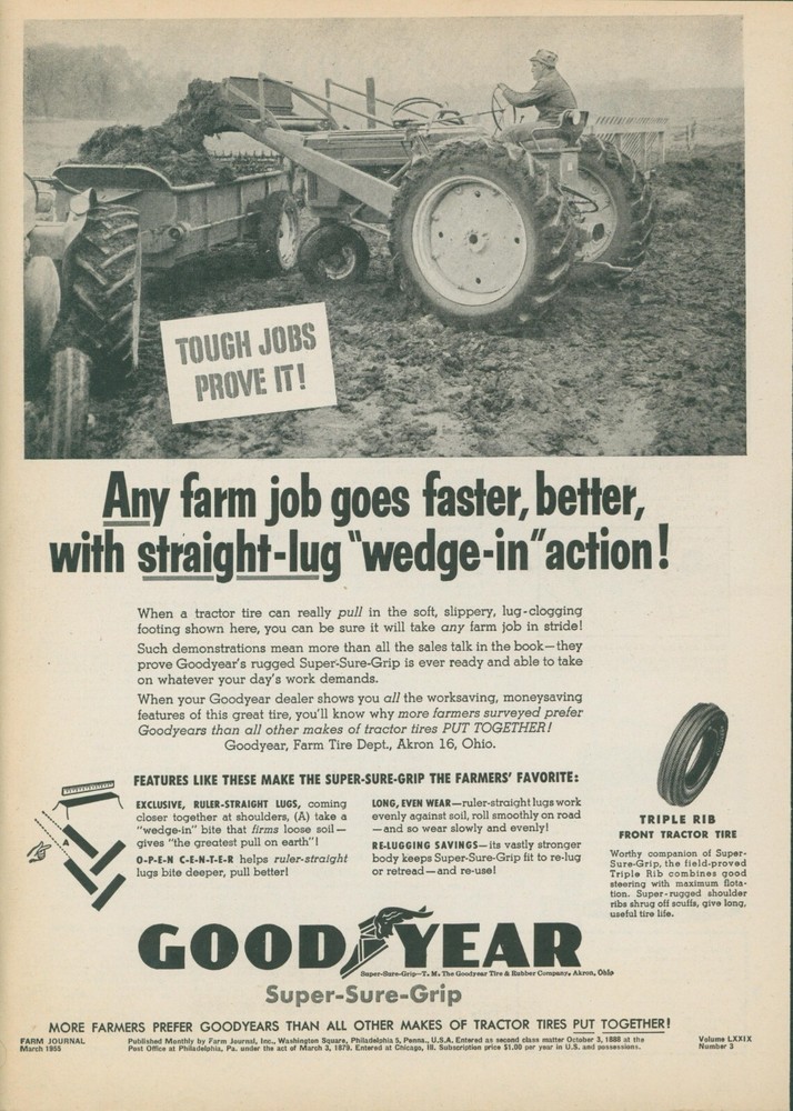 1955 Goodyear Tires Tractor Triple Rib Straight Lug Wedge In Vtg Print Ad FJ1