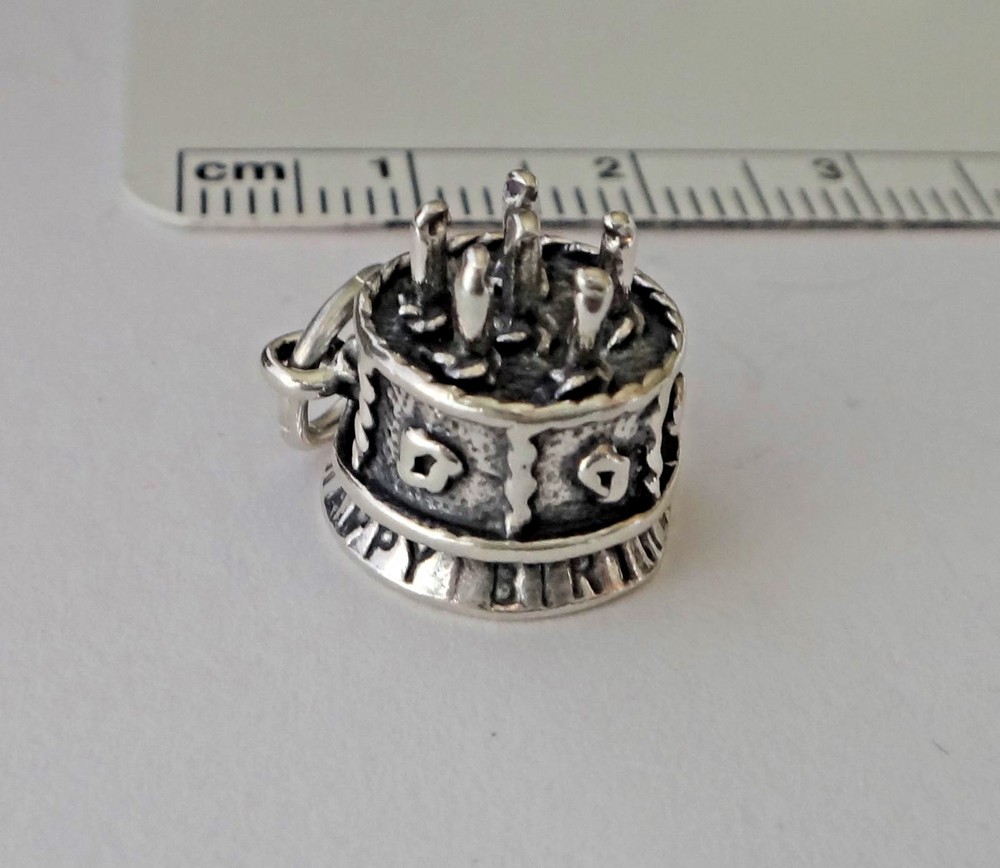 Sterling Silver 3D Happy Birthday Cake Charm 13x13mm 4g 6 Candle Design