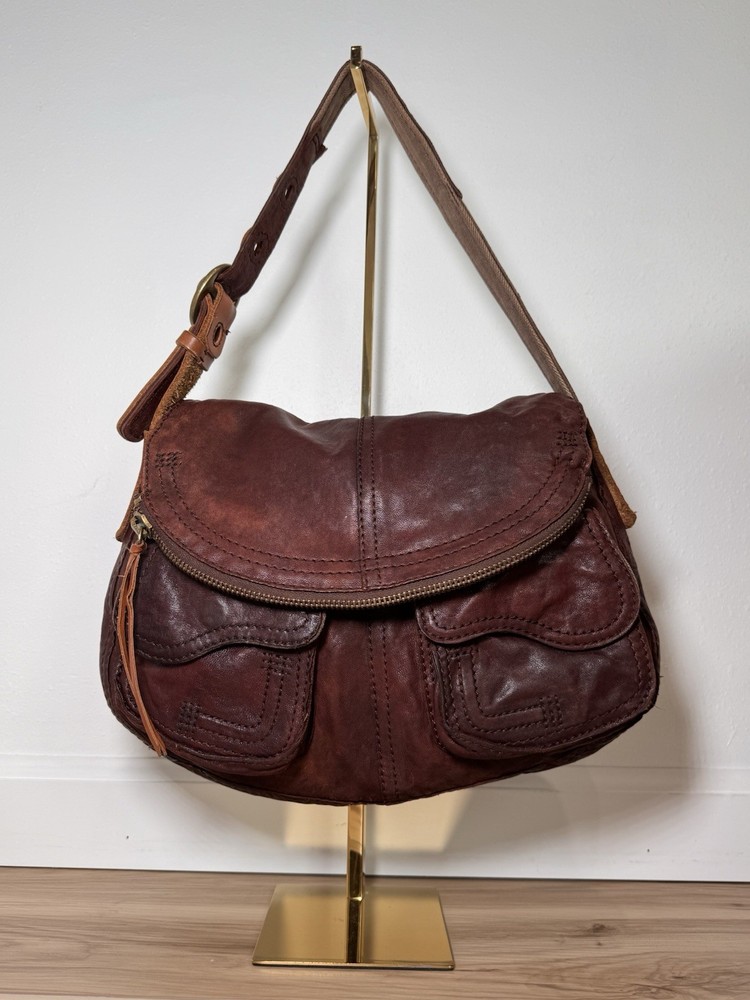 Lucky Brand Fold Over Lamb Stash Shoulder Bag Dark Brown Genuine Leather Brass