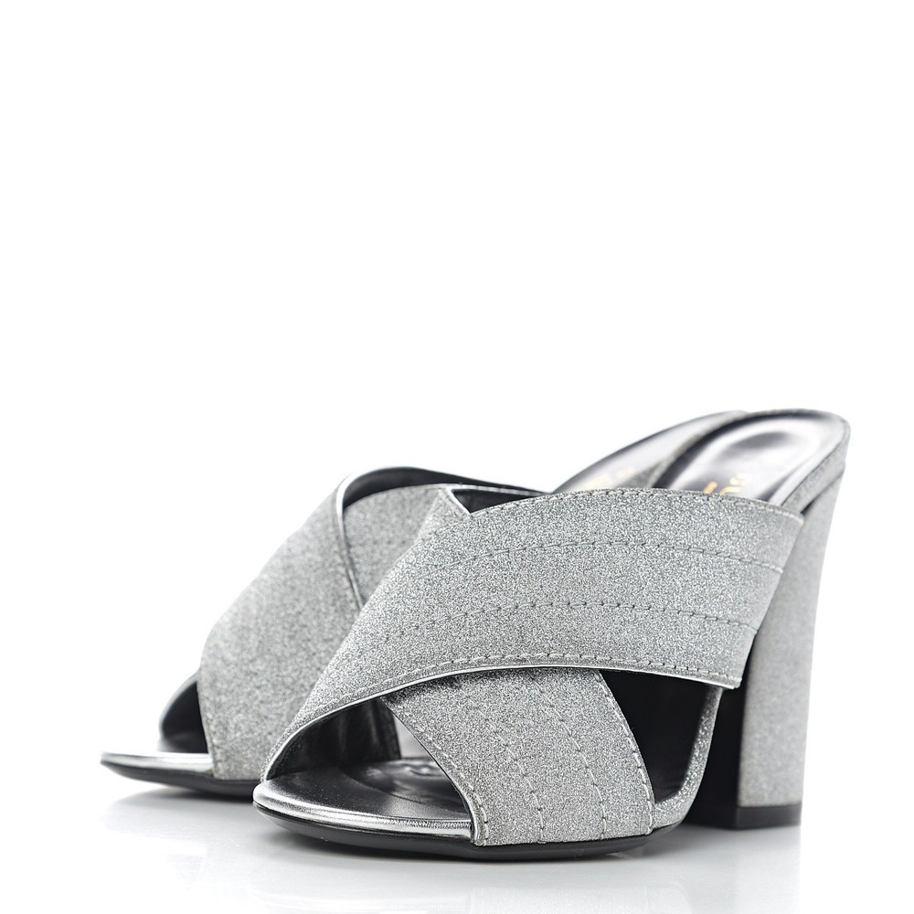 GUCCI Argento Glitter Webby Crossover High Heel Slide Sandals Size 38.5