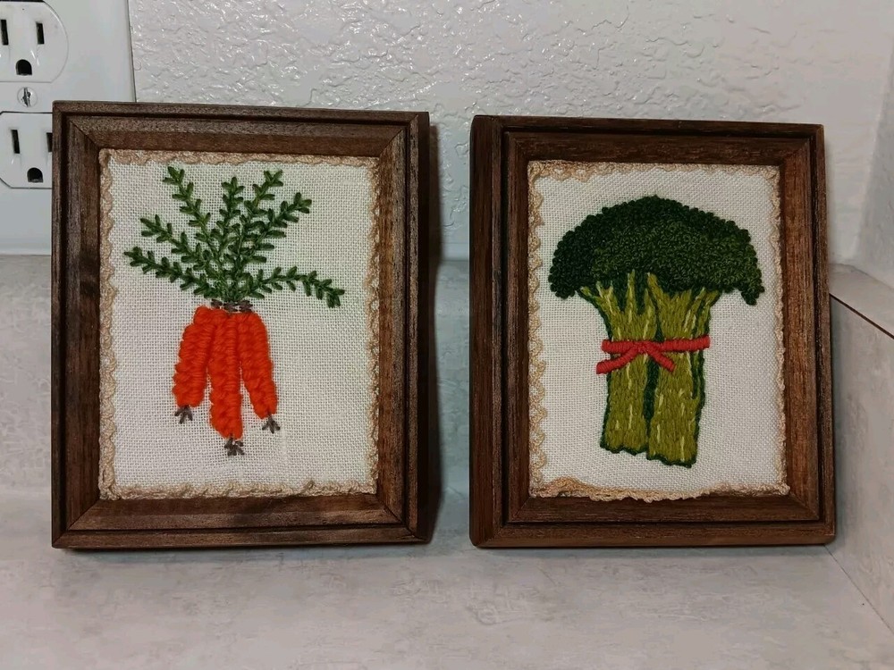 Vintage Framed Vegetable Embroidery Art Set of 2 3D Retro Hobbit Chic No Glass