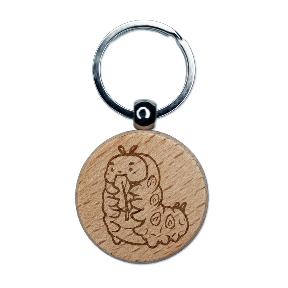 Chubby Caterpillar Eating Leaf Engraved Wood Round Keychain Tag Charm