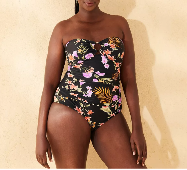 Women's Center Ring-Front Tummy Control Bandeau Full Coverage Swimsuit Floral XL