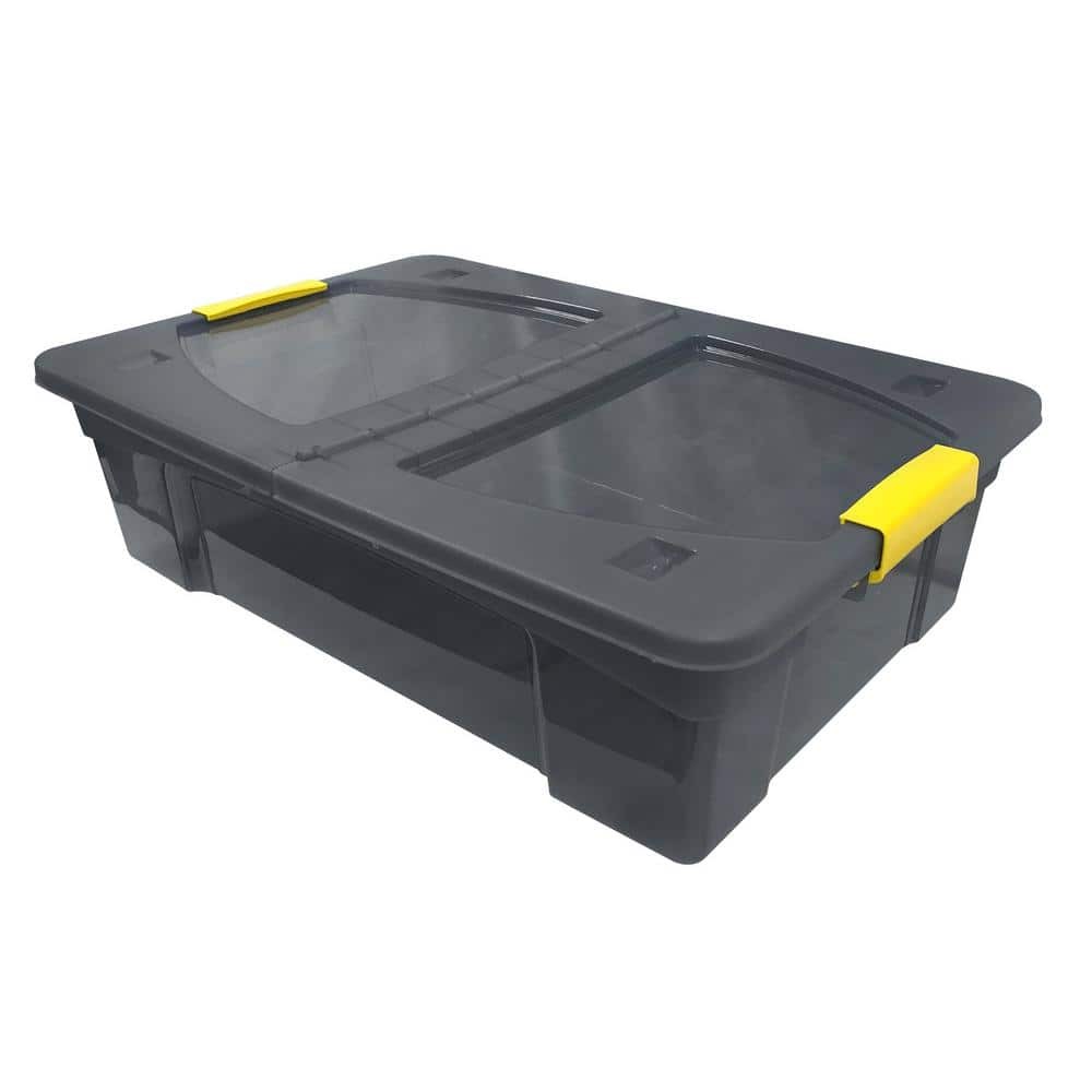 7.4-Gallon Grey Translucent Storage Bin with Yellow Handles and Lid