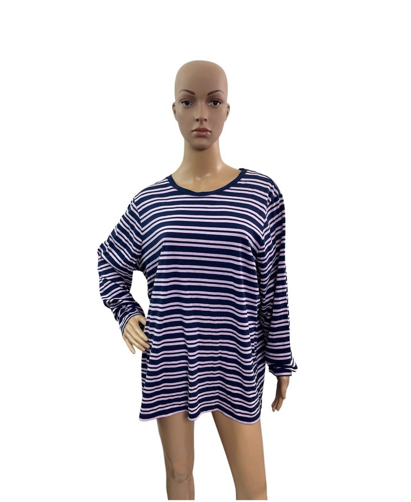 Lands End Women’s Size 1X (16W-18W) Long Sleeve Round Neck Stripes Relax Fit Tee