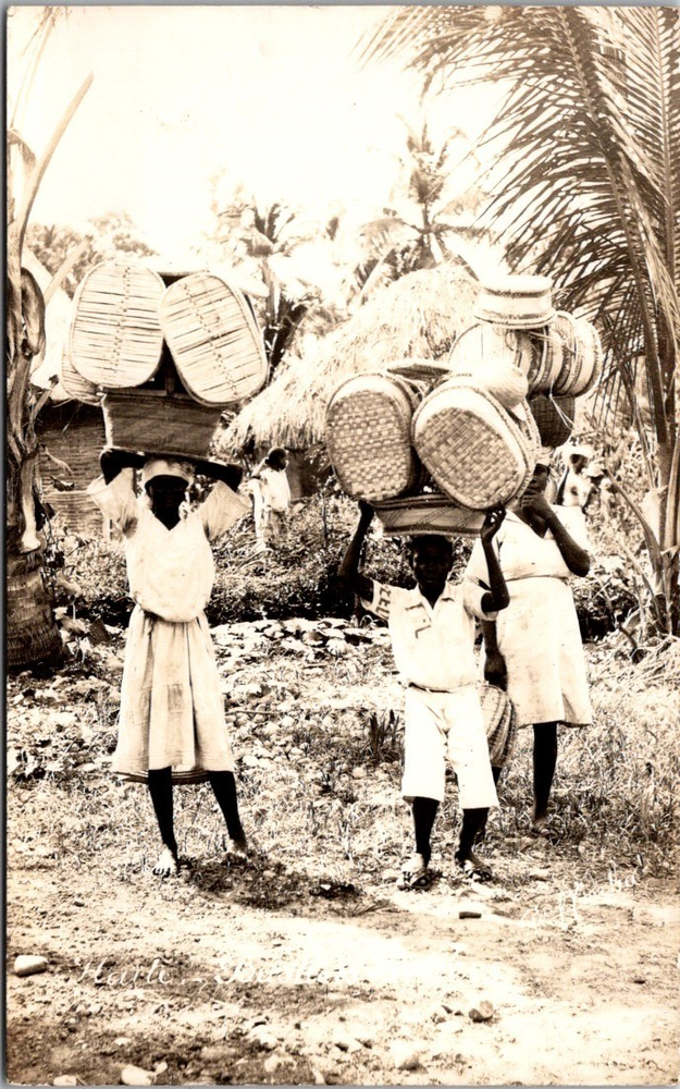 Vintage Haiti West Indies RPPC Basket Bearers & Village Life Scene Postcard