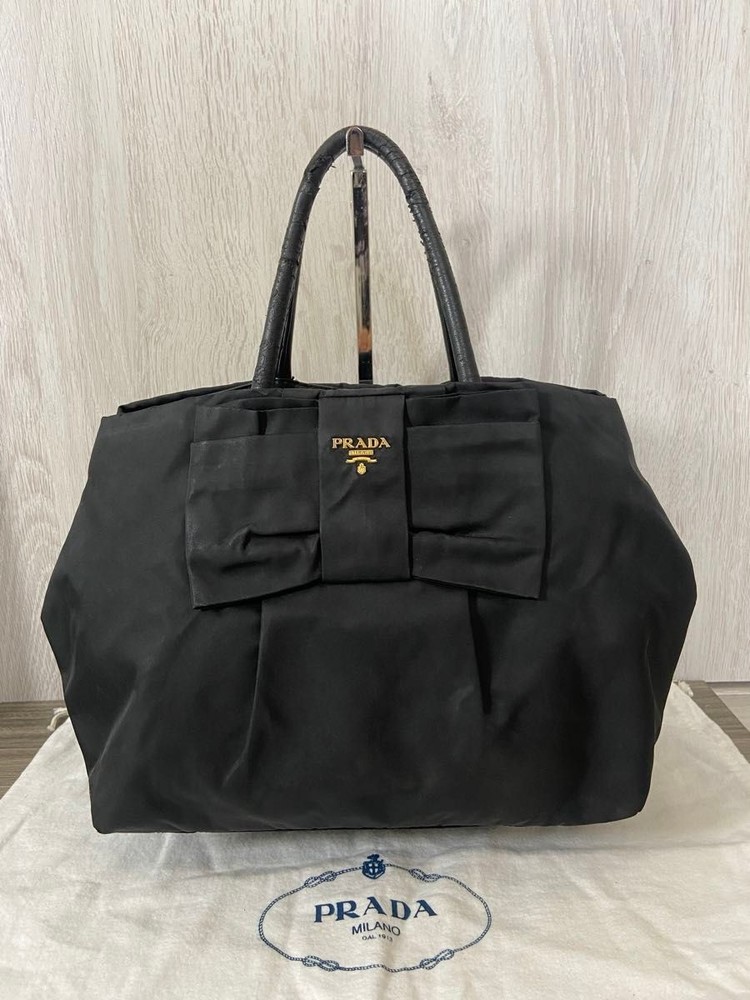 RARE PRADA Nylon Tote Bag with Ribbon Logo Plate Black Shoulder Handbag