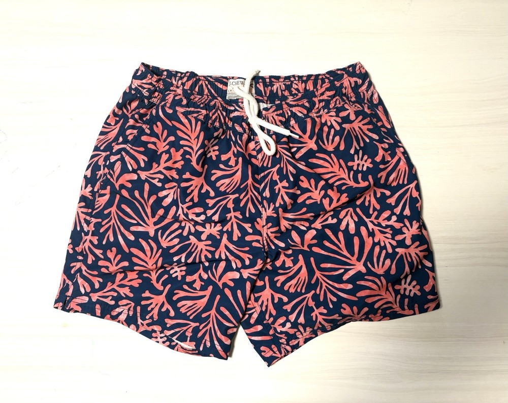 J.CREW Flex Swimwear Men's Navy Pink Floral Swim Trunks M Drawstring Pockets