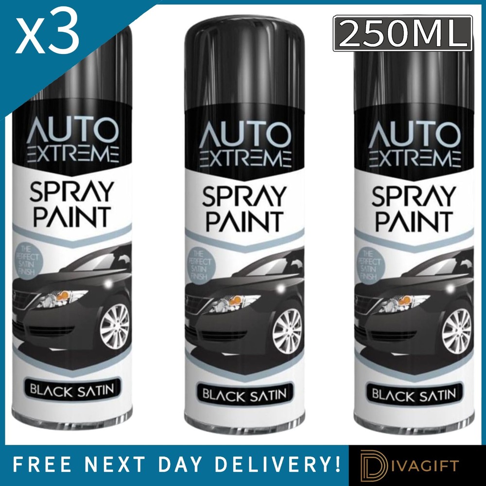 3 x BLACK SATIN FINISH SPRAY PAINT 250ML AEROSOL AUTO EXTREME CAR METAL PLASTIC