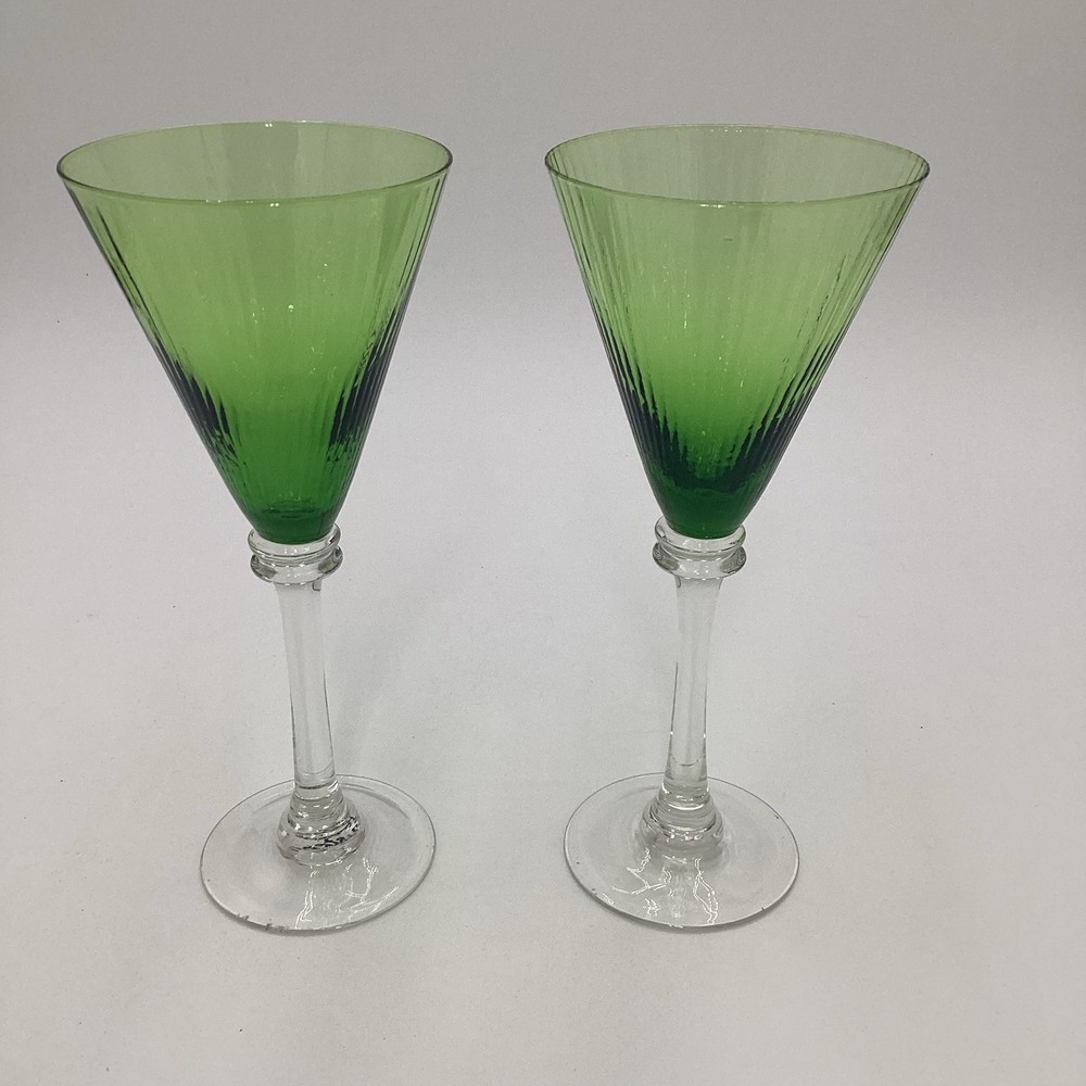 Elegant Handmade Green Glass Martini Glasses with Clear Stem 9.25 Inch Tall  