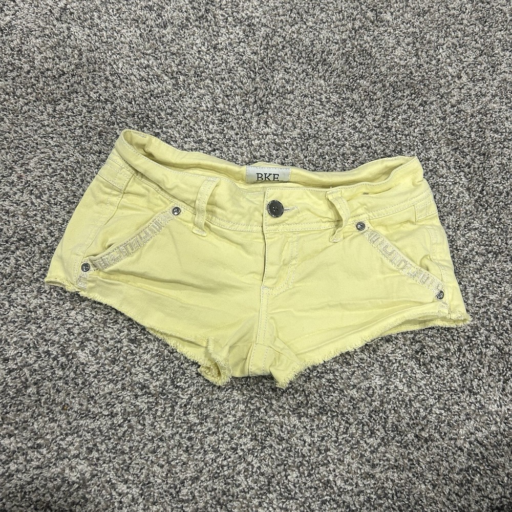 BKE Aspen Low Rise Shorts Women’s Sz 23 Yellow Cheeky Y2K Micro Mini Flap Pocket