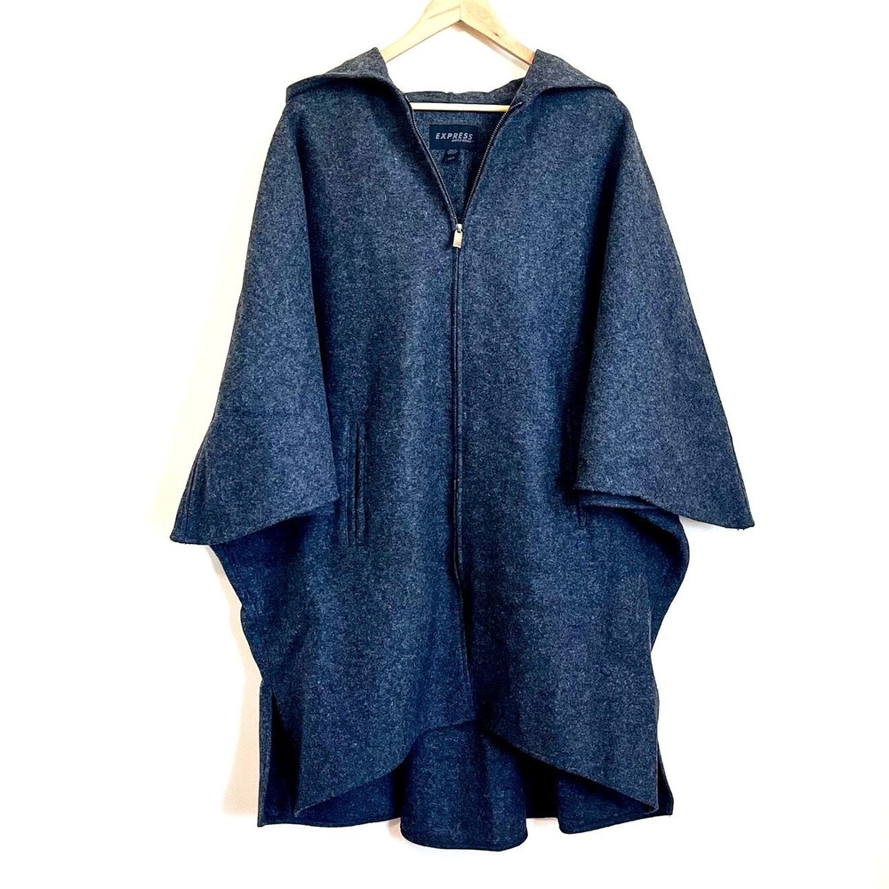 Vintage Express Women Coat Poncho Size  XS S Gray Wool Oversized Zip Grunge Y2K