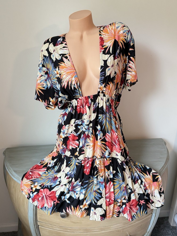 Venus Lascana Beach Dress Cover Up Tropical Palm Floral Sz M Coastal V Plunge