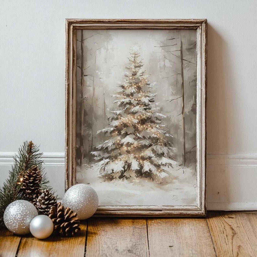 Vintage Christmas Tree Painting Winter Wonderland Landscape Painting Snowy Pine
