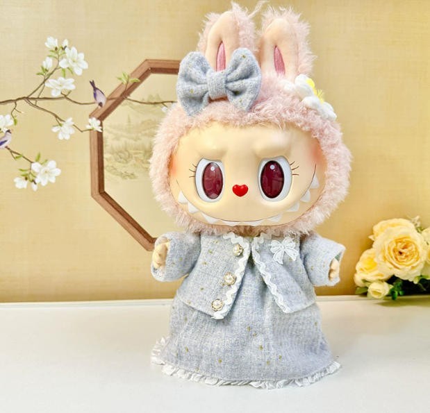 (No Dolls) Compatible Blue Dress Set for 38CM LABUBU Clothes Bow Clip Skirt Suit