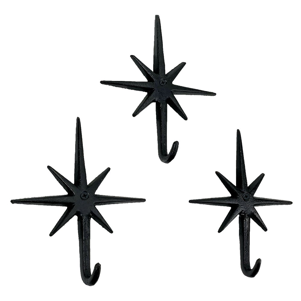 Zeckos Set of 3 Black Finish Cast Iron Atomic Starburst Wall Hooks