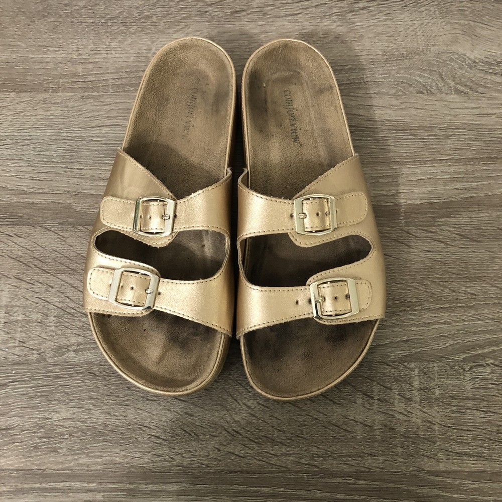 Comfortview Womens Maxi Slide Adjustable Gold Open Toe Sandals Size 9M