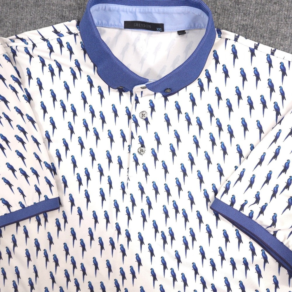 Greyson Polo Shirt Mens XXL Blue Parrot Bird Print AOP Performance Golf Preppy