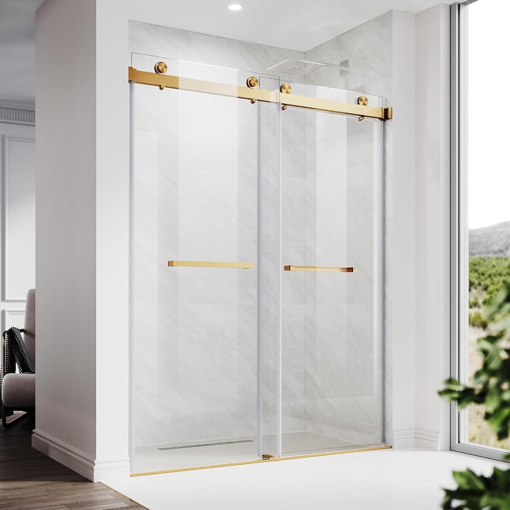 60x76 Gold Frameless Sliding Glass Shower Door Clear Bathroom Upgrade