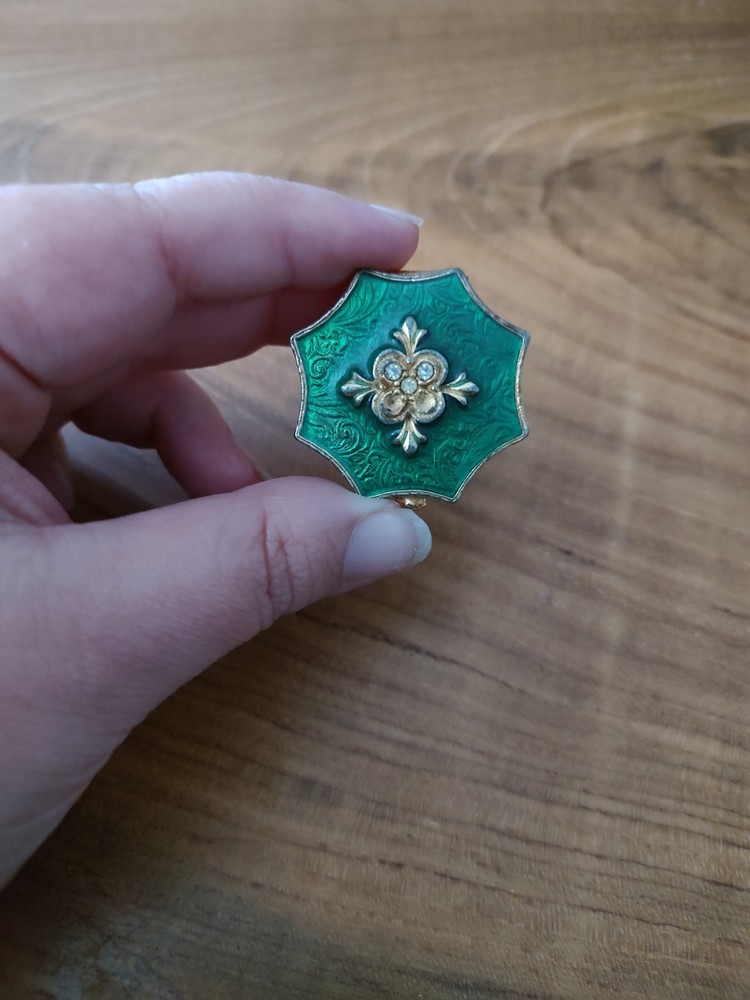 Vintage Florenza Ornate Green Flower Octagon Hinged Trinket Box Gold Tone