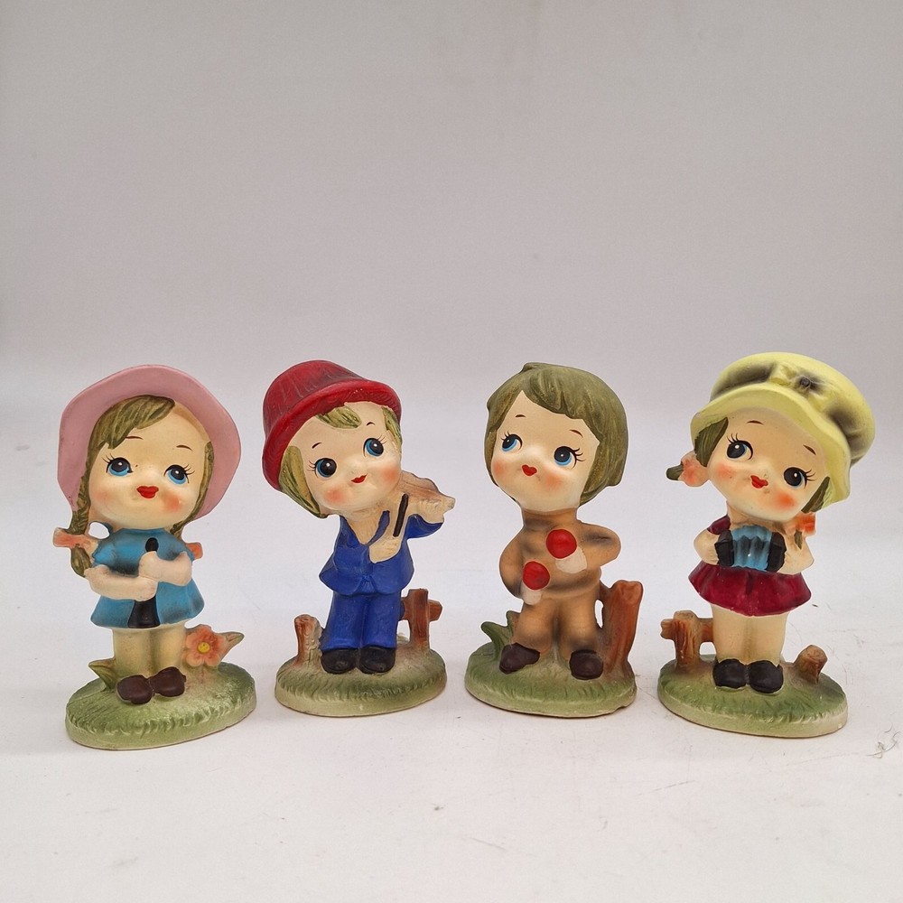 Kitsch musician band kids ceramic figurines set 4 hand painted Japan 1970s decor