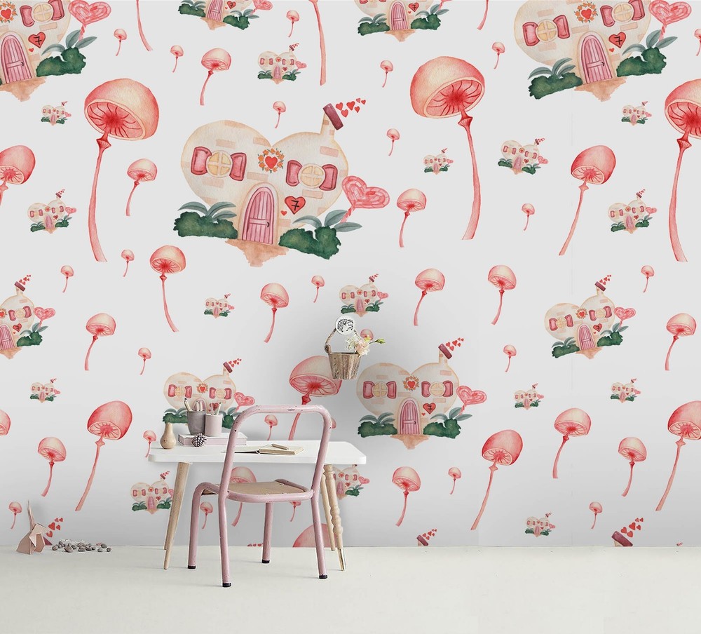 3D Mushrooms Houses Cartoon Pattern Wall Murals Wallpaper Murals Wall Sticker