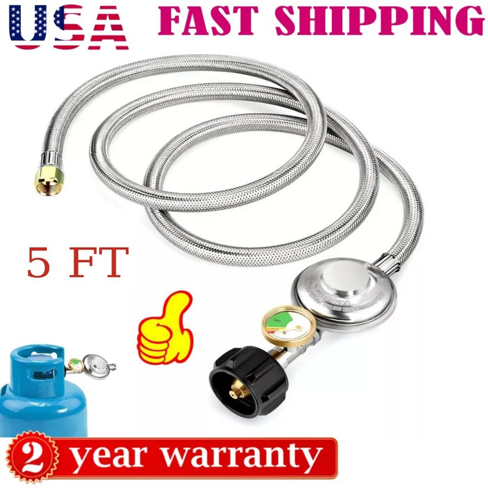 5FT BBQ Grill Low Pressure Propane Regulator Hose w/Gauge for Gas Pit, Stove