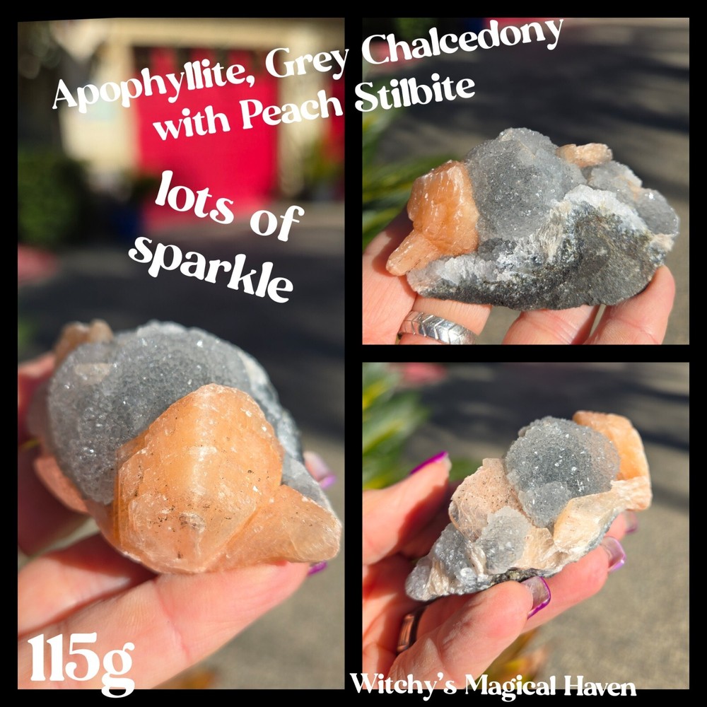 Apophyllite Gray Chalcedony Peach Stilbite Zeolite Serenity Crystal, 115g