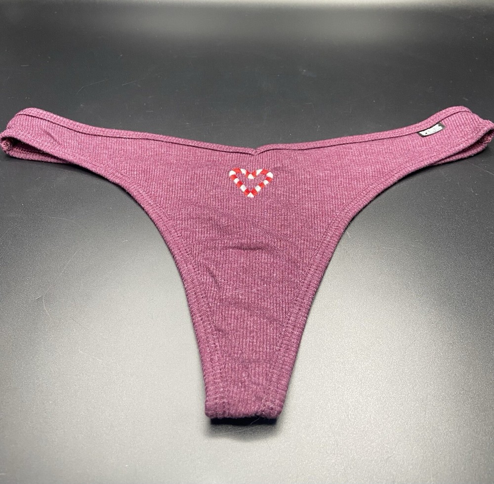 Victoria's Secret PINK Cotton Ribbed V-Cut Thong Maroon Candy Cane Heart Lg NWOT