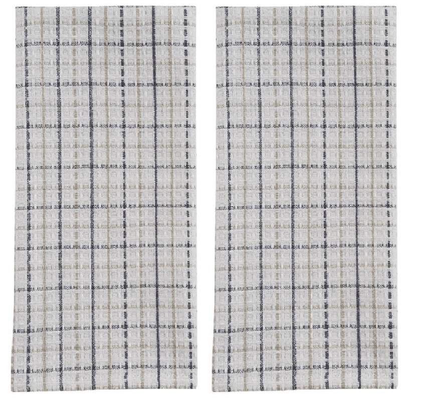Set of 2 Waffle Plaid Kitchen Towels in Charcoal Tan White