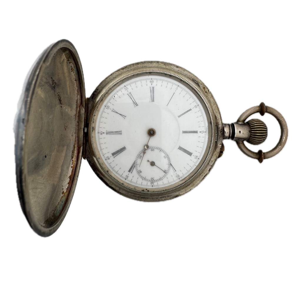 Antique 55mm Neillo Hunting Scene Sterling Silver Pocket Watch with Gilded Hunter & Dog