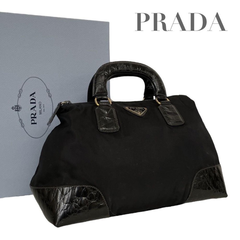 Prada Black Crocodile Embossed Nylon Triangle Logo Handbag Authentic Excellent