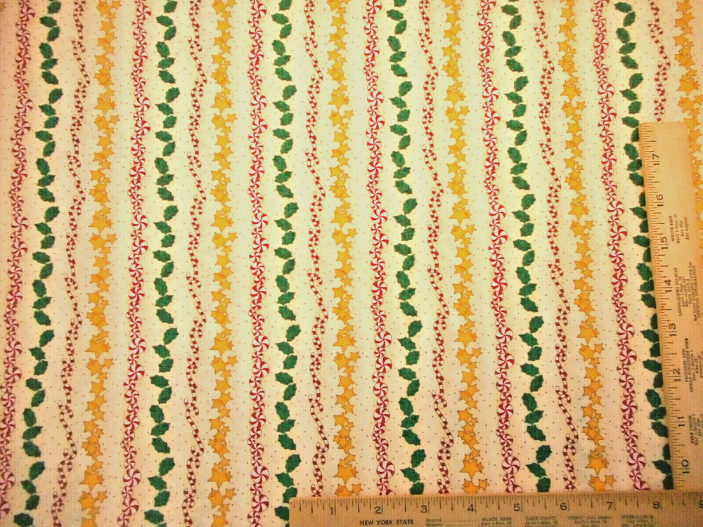 Christmas Fabric 1 1/4 Yard Candy Stars Holly Met Gold Cream Premium Cotton #14