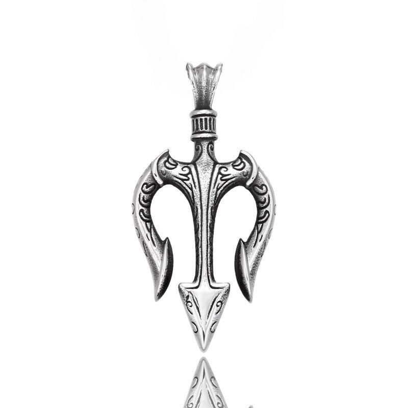 Stainless Steel Fish Fork Pendant Necklace Men‘’s Punk Jewelry 24 inch Box Chain