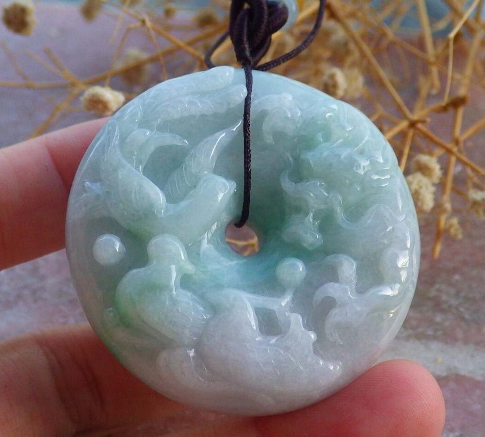 Video Certified 100% A Jade jadeite pendant Mandarin Duck Dragon Phoenix 932161